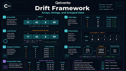 Qelvanto Drift Framework educational display with code examples on a dark background