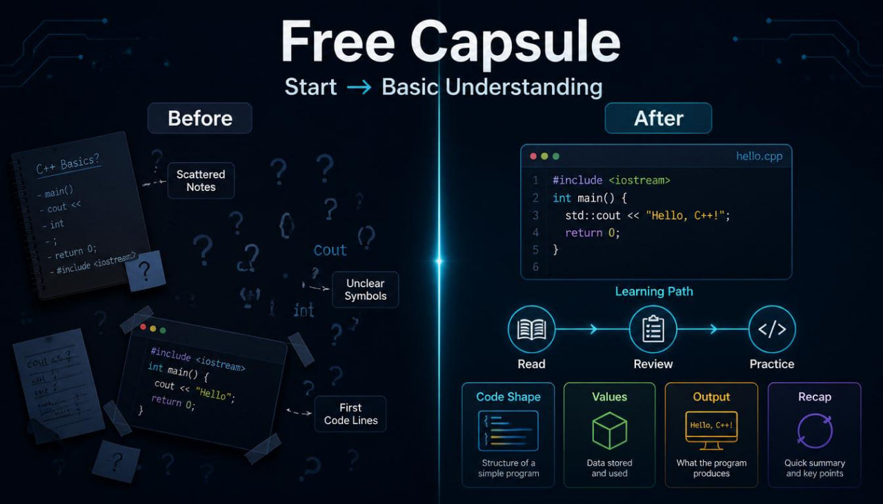 Educational graphic showing a learning path from 'Before' to 'After' with code examples and concepts.