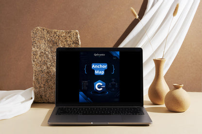 Laptop displaying a software interface on a table with decorative items