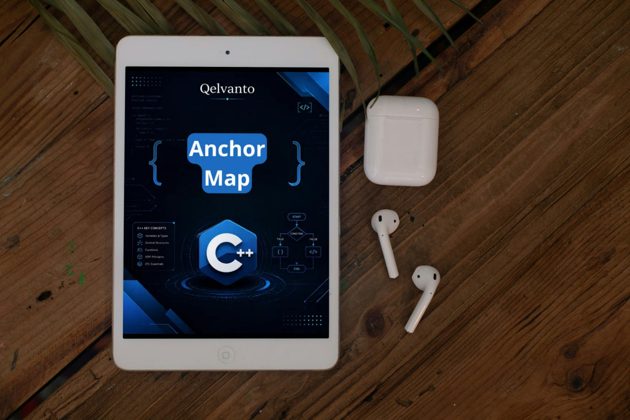Tablet displaying Qelvanto Anchor Map software on a wooden surface with white earbuds.