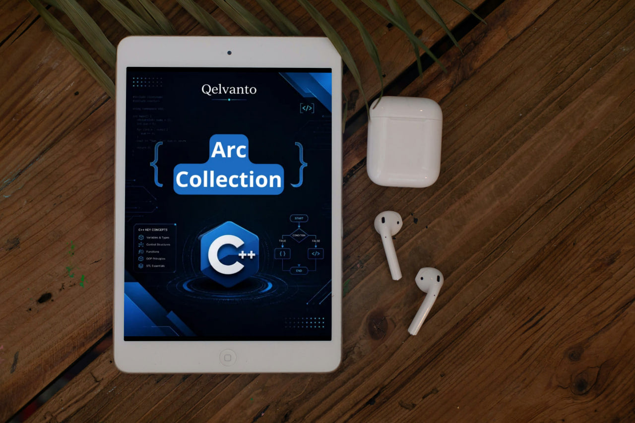 Tablet displaying Qelvanto Arc Collection app on a wooden surface with wireless earbuds.
