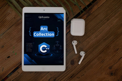 Tablet displaying Qelvanto Arc Collection app on a wooden surface with wireless earbuds.