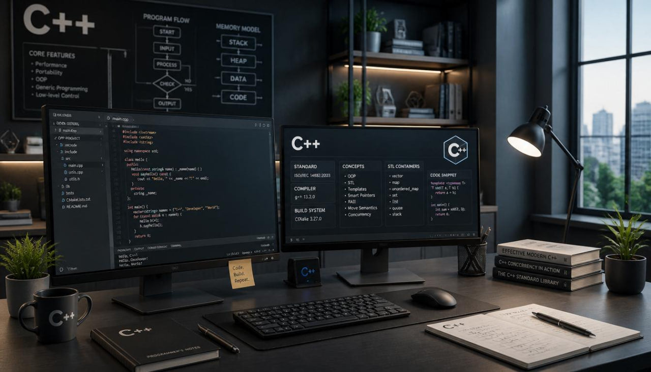 Modern office setup with dual monitors displaying code, keyboard, mouse, and office decor.