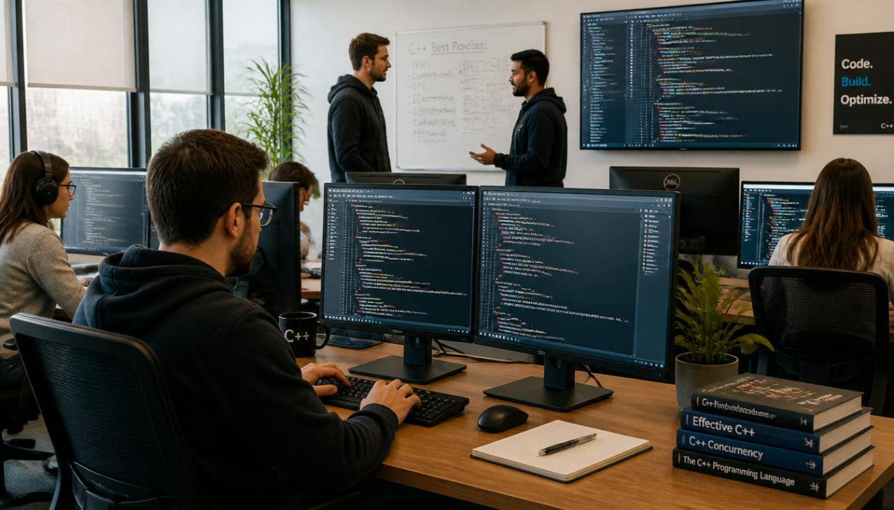 People working at desks with multiple computer monitors in a modern office setting.