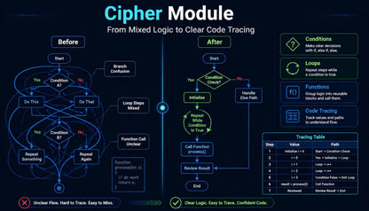 Diagram comparing 'Before' and 'After' flowchart designs for a Cipher Module, highlighting code tracing improvements.