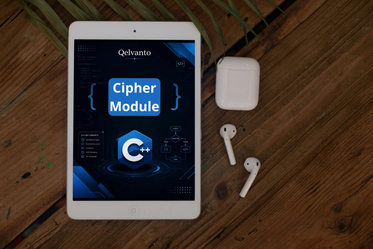 Tablet displaying Qelvanto Cipher Module on a wooden surface with white earbuds.