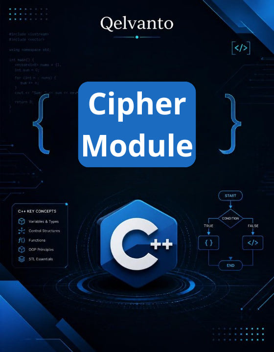 Qelvanto Cipher Module with C++ icon on a dark background