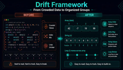 Drift Framework comparison chart showing 'Before' and 'After' states with code and data transformations.