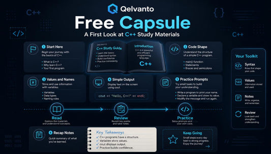 Qelvanto Free Capsule study materials for C++ on a dark background