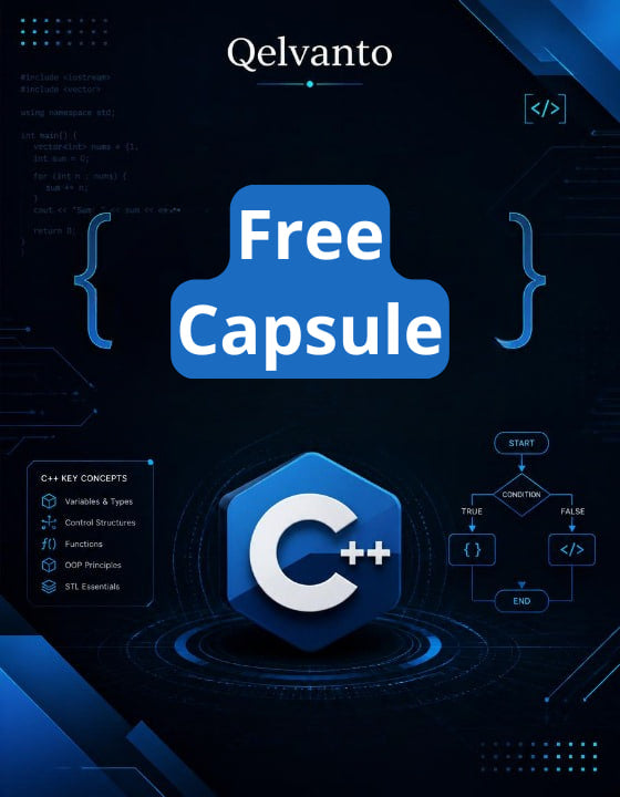 Qelvanto Free Capsule C++ educational material on a dark background with coding elements.