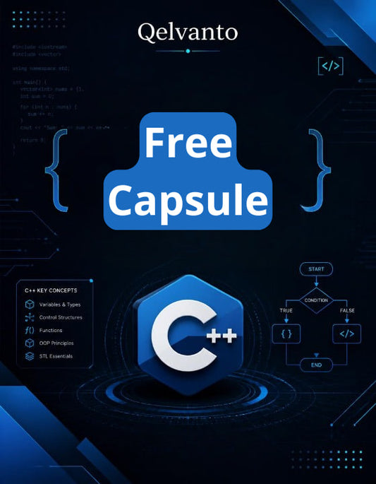 Qelvanto Free Capsule C++ educational material on a dark background with coding elements.
