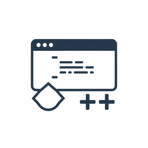 Icon of a computer monitor with code on it and a magnifying glass, symbolizing software development or debugging.