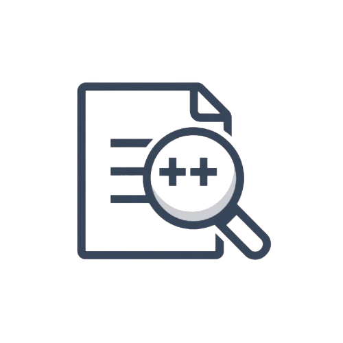 Icon of a document with a magnifying glass and code symbols, on a white background.