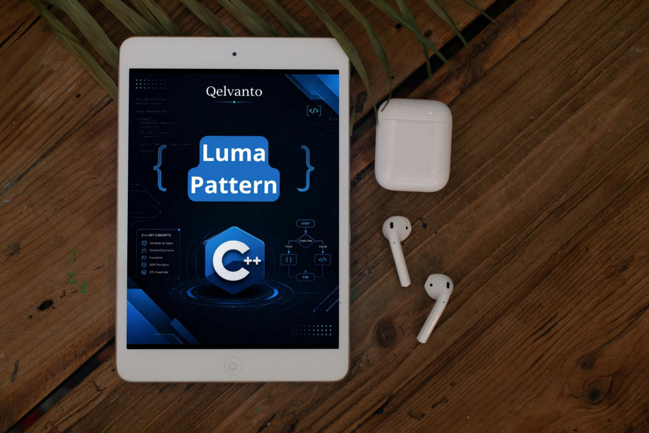 Tablet displaying Qelvanto Luma Pattern software on a wooden surface with white earbuds.