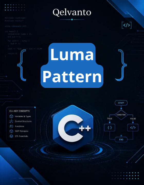 Qelvanto Luma Pattern with C++ logo on a dark background