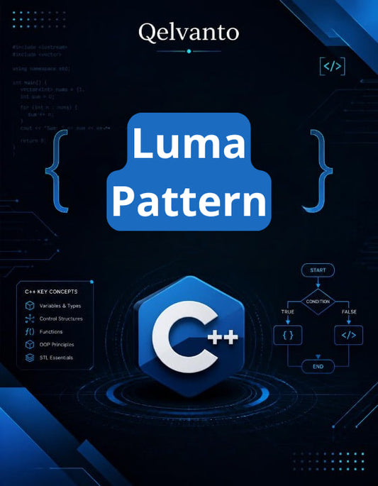 Qelvanto Luma Pattern with C++ logo on a dark background