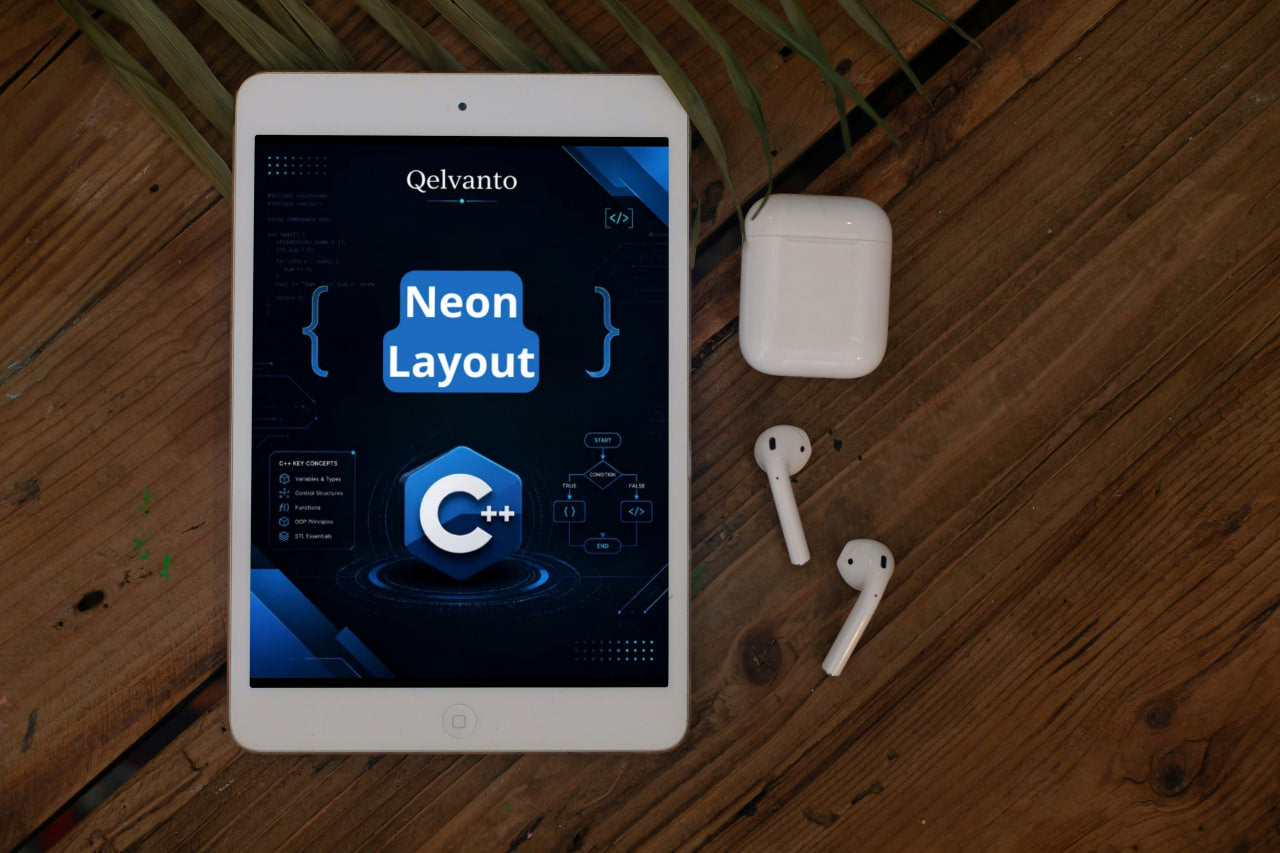 Tablet displaying Qelvanto Neon Layout on a wooden surface with white earbuds.