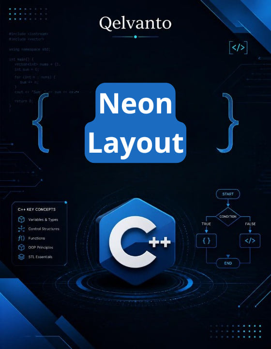 Qelvanto Neon Layout with C++ icon on a dark background