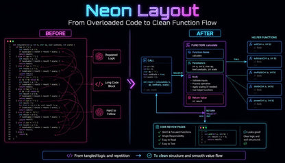Diagram showing code optimization from 'Before' to 'After' with neon text and layout.