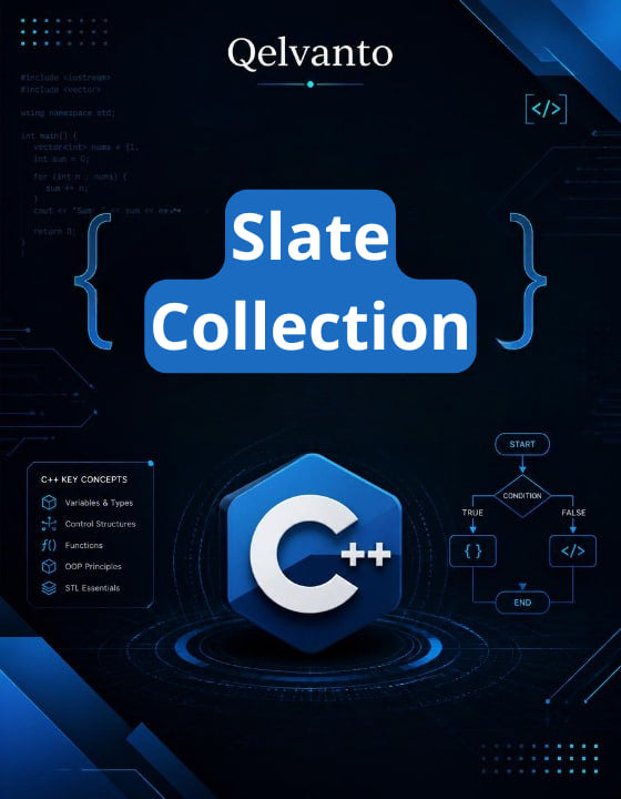 Qelvanto Slate Collection with C++ logo on a dark background