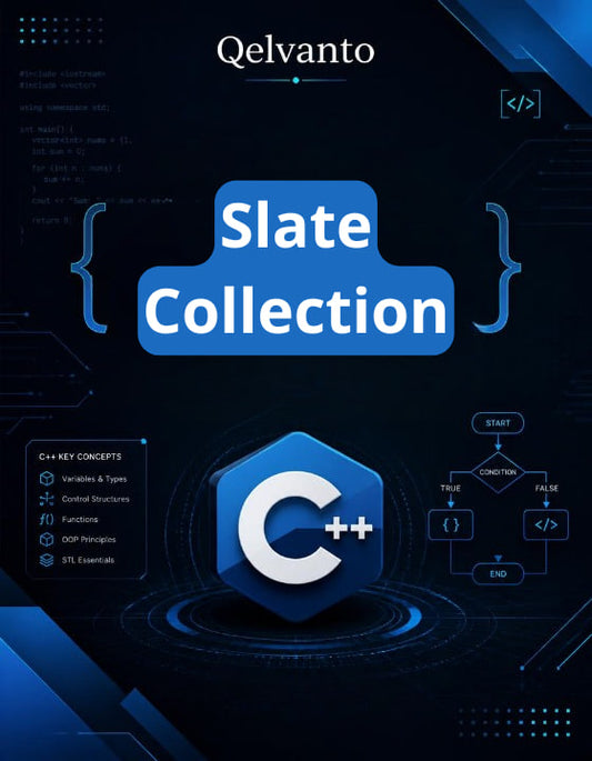 Qelvanto Slate Collection with C++ logo on a dark background